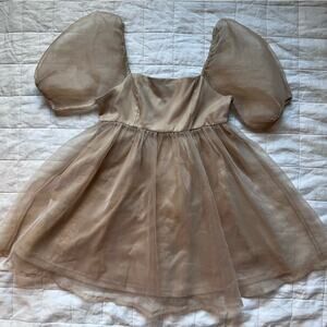 TCEC Tan / Champaign Chiffon Babydoll Mini Dress Holiday Cottagecore Fairy -Med